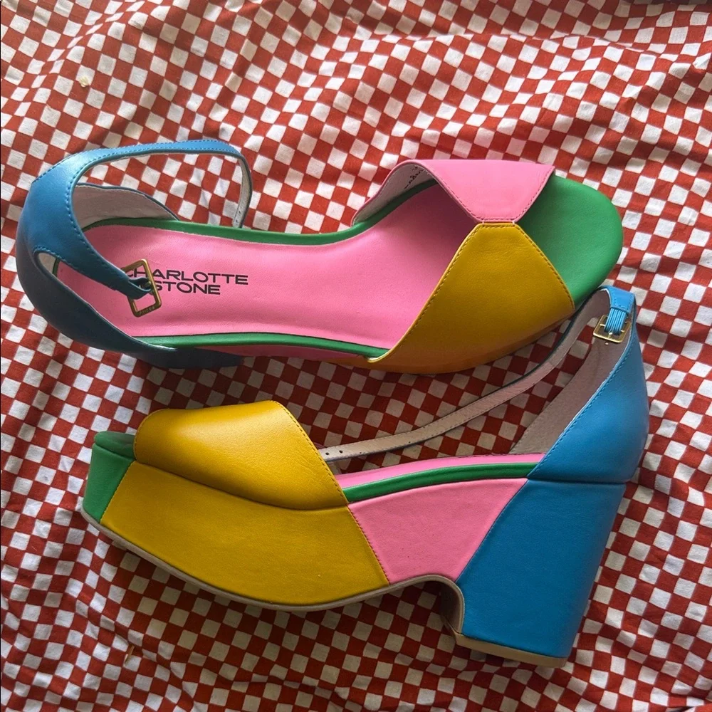 Charlotte Stone Colorblock Platform Sandals in Yellow, Pink, Blue & Green - Picture 3 of 6